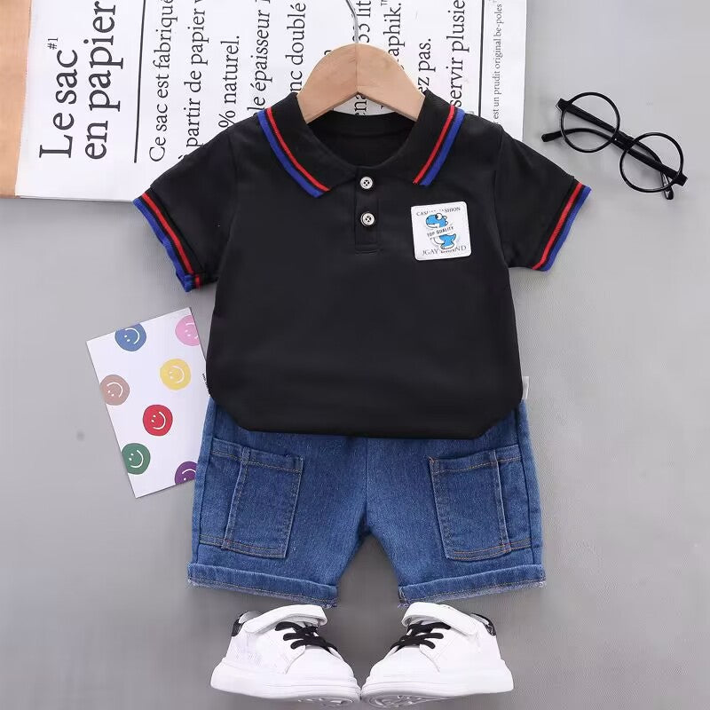 POLO Black Shirt Short-Sleeved with Denim Shorts
