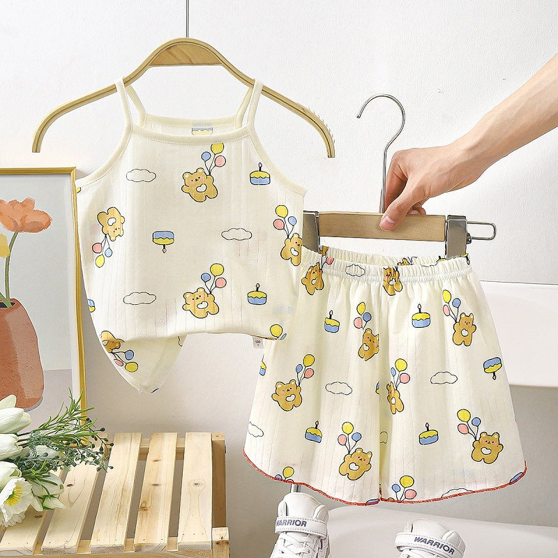 Bear and Flower Pattern Cream Cotton Worsted Suspender Sleeveless Top and Short Dress
