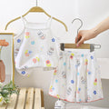 Colorful Flower and Bear Pattern White Cotton Worsted Suspender Sleeveless Top and Short Dress