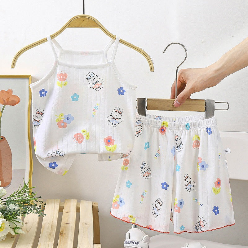 Colorful Flower and Bear Pattern White Cotton Worsted Suspender Sleeveless Top and Short Dress