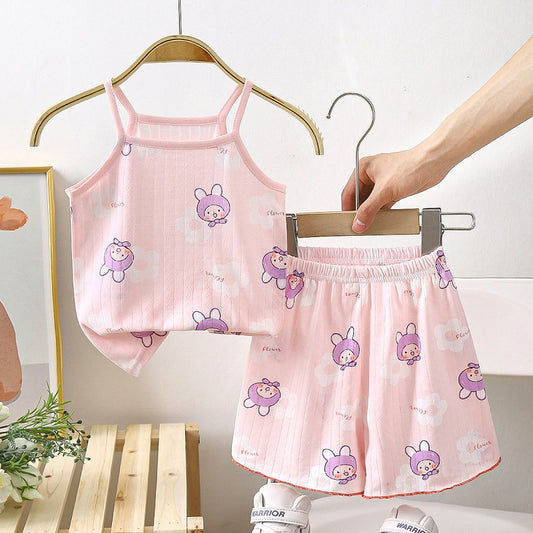 Cartoon Design Pink Cotton Worsted Suspender Sleeveless Top and Short Dress