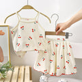 Cherry Pattern Cotton Worsted Suspender Sleeveless Top and Short Dress