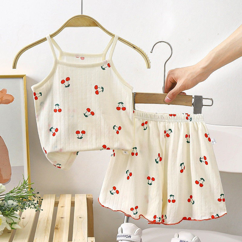 Cherry Pattern Cotton Worsted Suspender Sleeveless Top and Short Dress